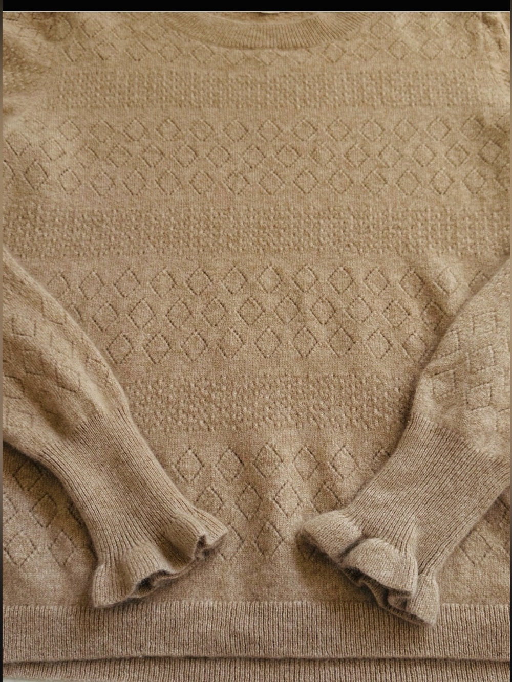 J.Crew 100% Cashmere Camel Pointelle Diamond Knit Ruffle Cuff Sweater S - Picture 4 of 11